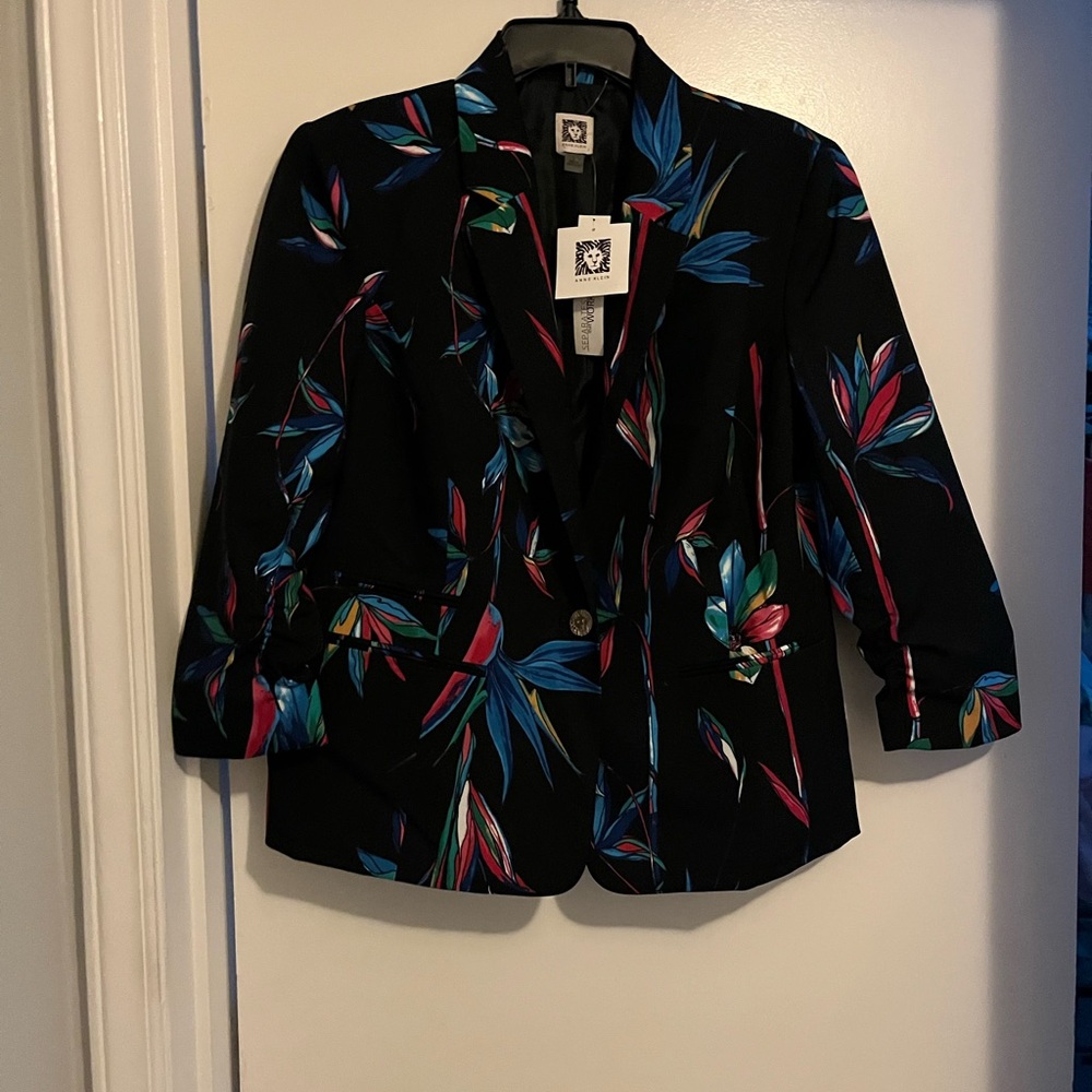 Anne Klein Black Floral-Print Blazer with Blue & Pink Accents